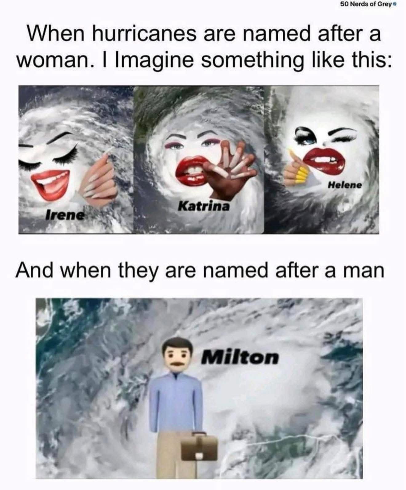 Comparison of chaotic female hurricane faces versus a boring corporate man named Milton.