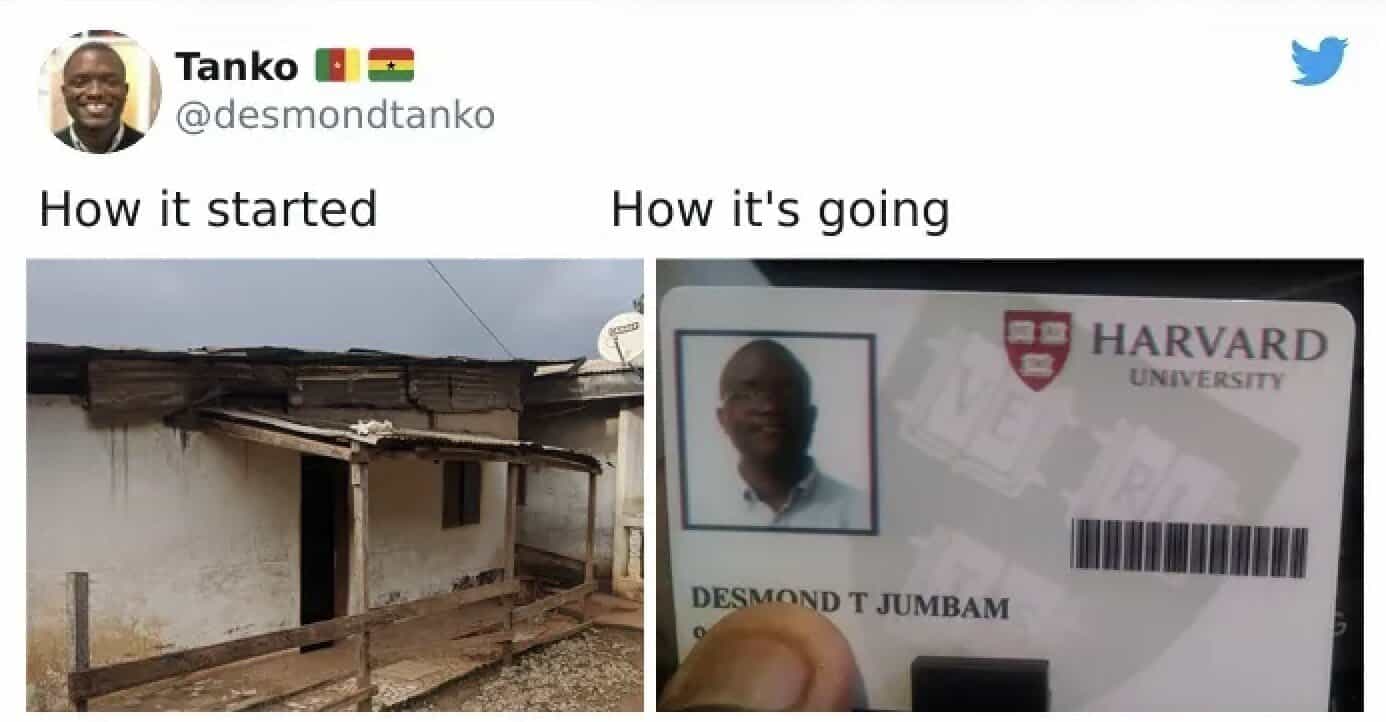A how it started vs how its going meme showing a man's journey from humble beginnings to Harvard.