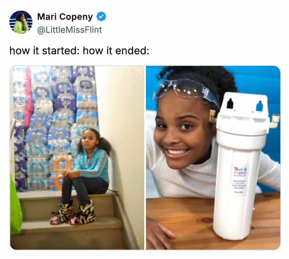 A how it started vs how its going meme of Little Miss Flint with bottled water versus a water filter.