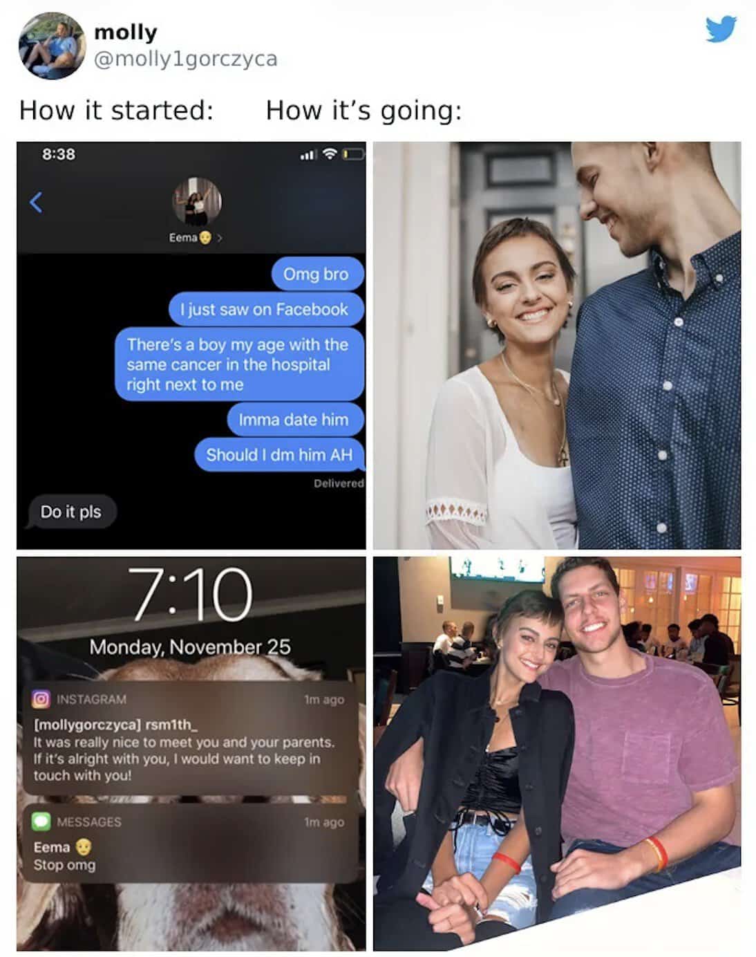 A how it started vs how its going meme of a couple meeting in a hospital cancer ward.
