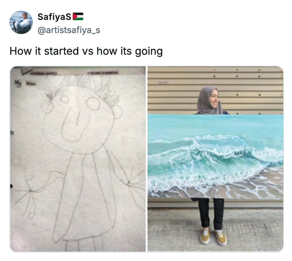 A how it started vs how its going meme comparing a kid's drawing to a realistic ocean painting.