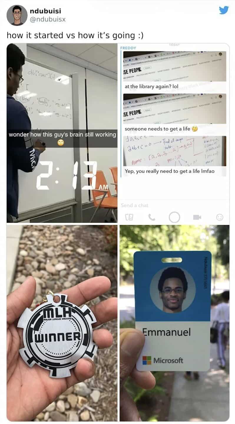 A how it started vs how its going meme of a student solving math problems and landing a job at Microsoft.