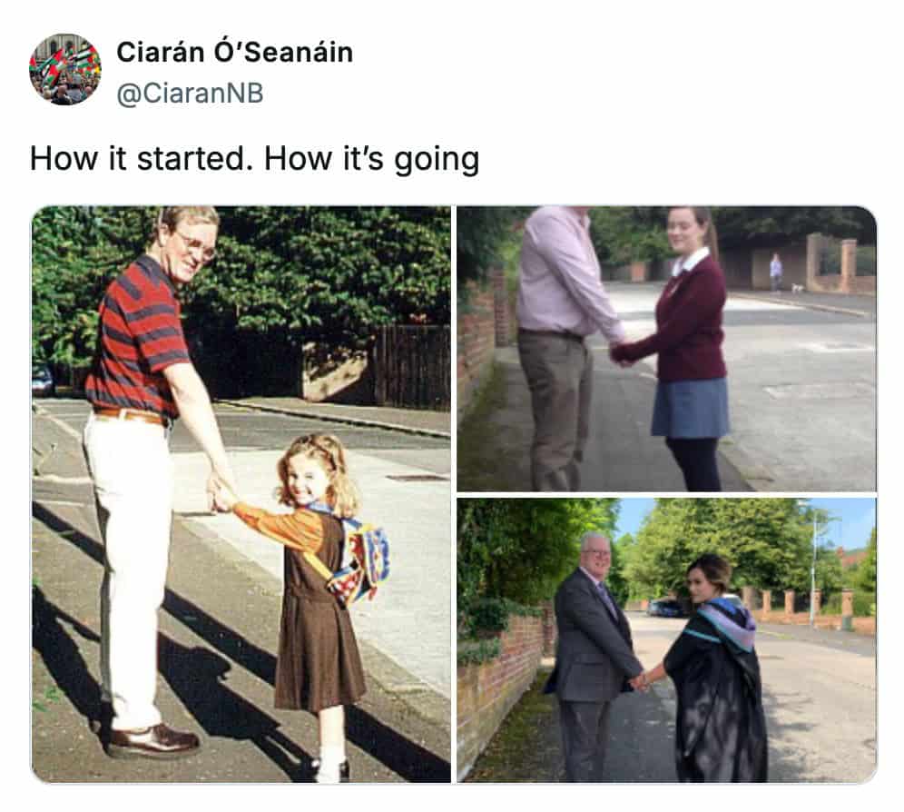 A how it started vs how its going meme of a father and daughter recreating a photo at graduation.
