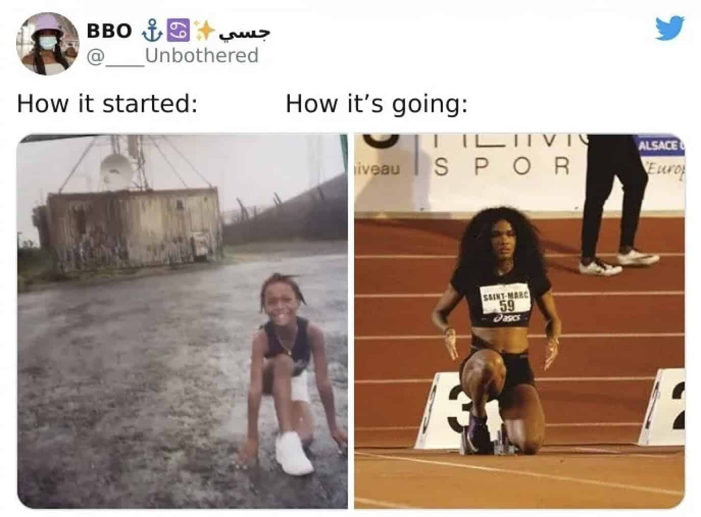 A how it started vs how its going meme of a young girl training in the rain becoming a pro athlete.