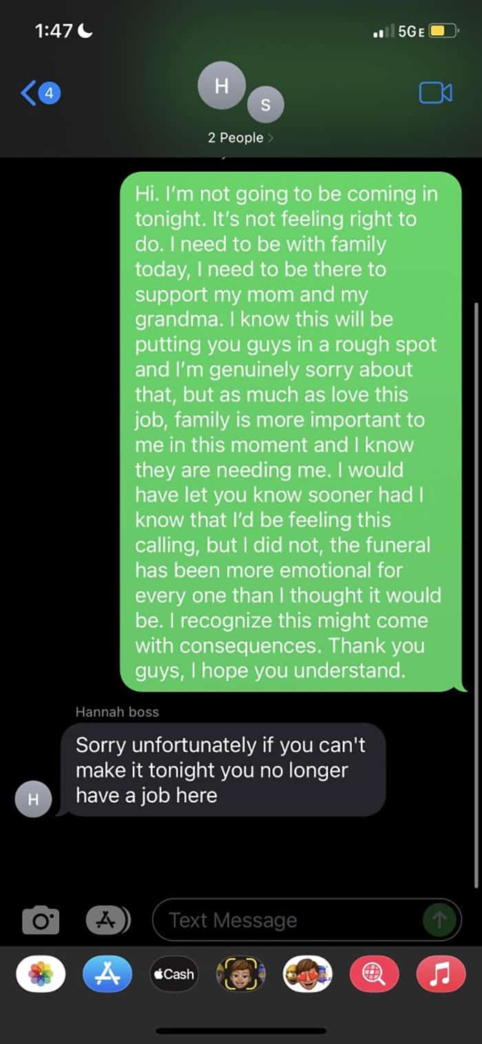 Boss firing employee via text for missing work to attend a family funeral.