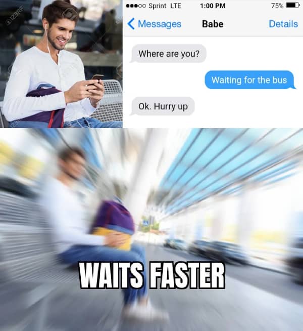 Man sitting on a bench vibrating intensely trying to wait faster for a bus.