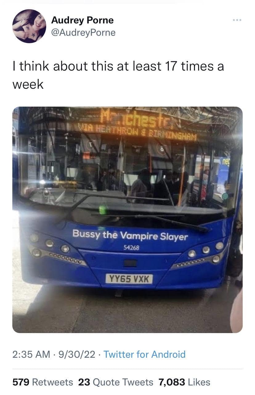 A classic memes of the bus named Bussy The Vampire Slayer