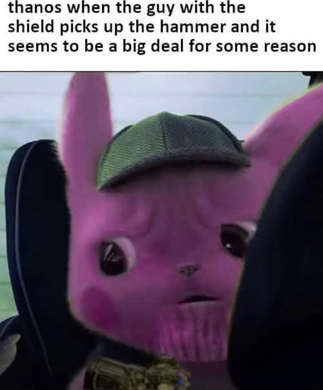 A classic meme showing a pink Pikachu looking confused, representing Thanos watching Captain America lift Thor's hammer.