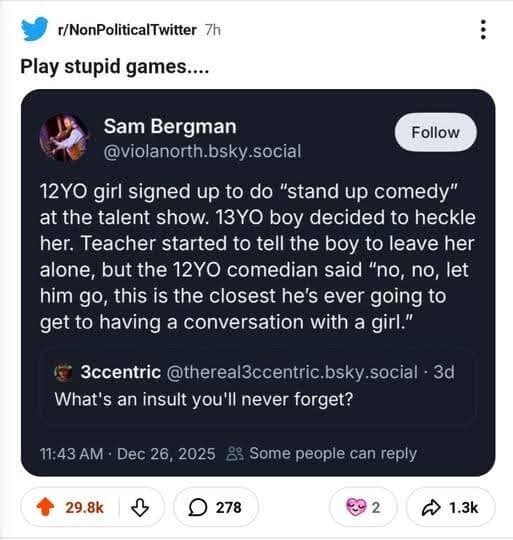 A viral tweet story about a 12 year old comedian roasting a heckler boy at a talent show.