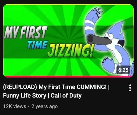 A cursed youtube thumbnail featuring Mordecai from Regular Show with a questionable caption about his "first time."