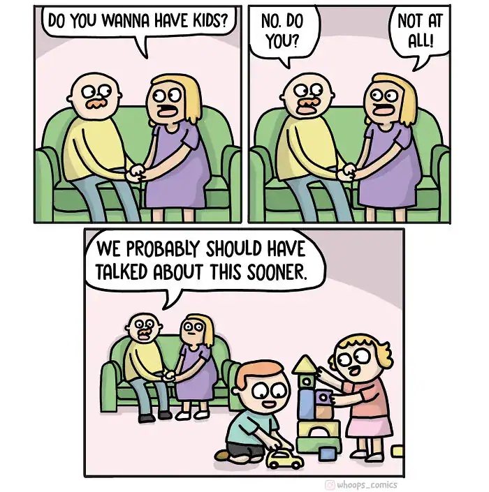A dark humor comic by Whoops Comics showing a couple realizing they both don't want kids while watching their own child play on the floor.