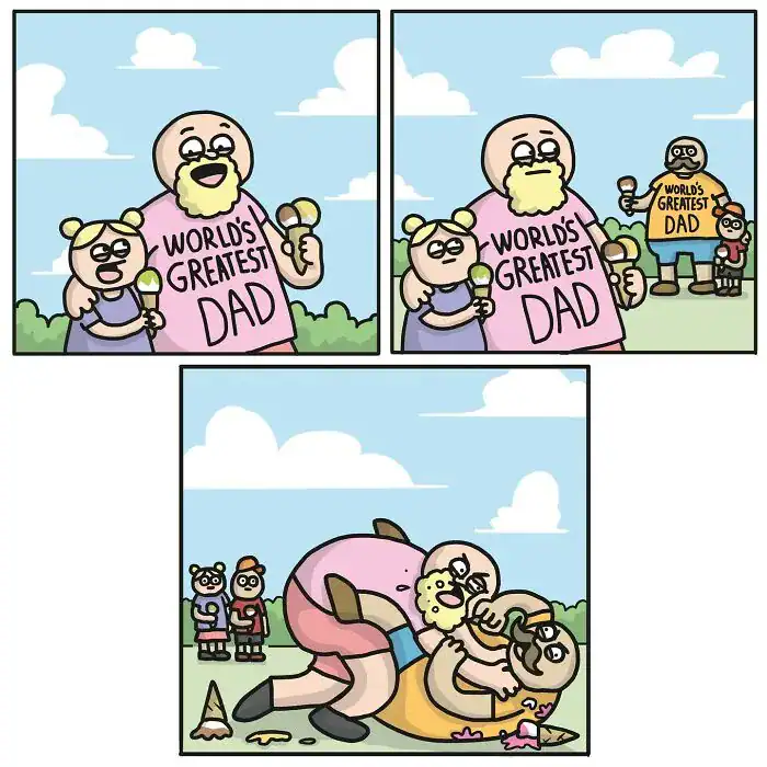 A dark humor comic by Whoops Comics depicting a Highlander-style fight to the death between two fathers wearing "World's Greatest Dad" shirts.