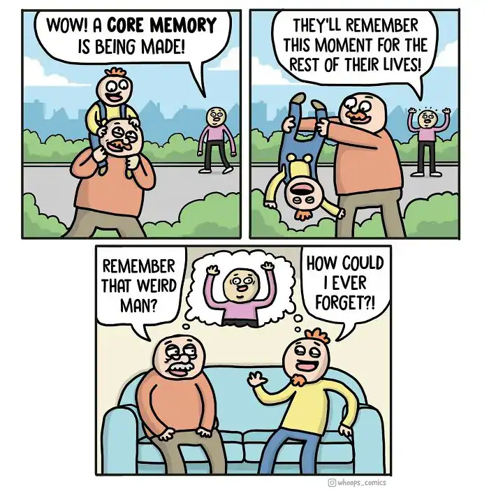 A dark humor comic showing a father accidentally dropping his child, creating a "core memory" of trauma instead of joy.
