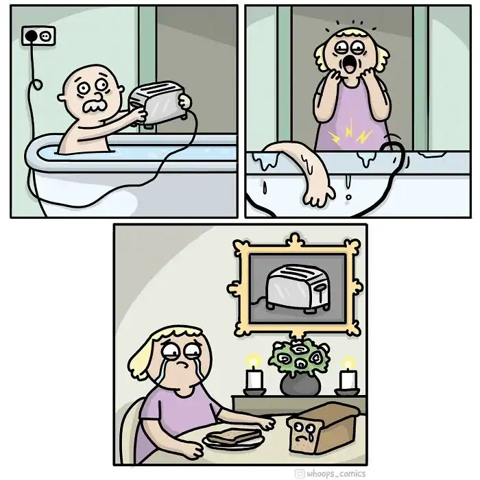 A dark humor comic where a suicide attempt fails because the toaster cord is too short, leading to the character sadly eating toast instead.