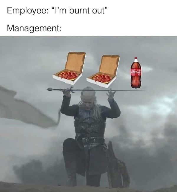 Daemon Targaryen kneeling to offer a sword balancing two pizza boxes and a soda bottle.
