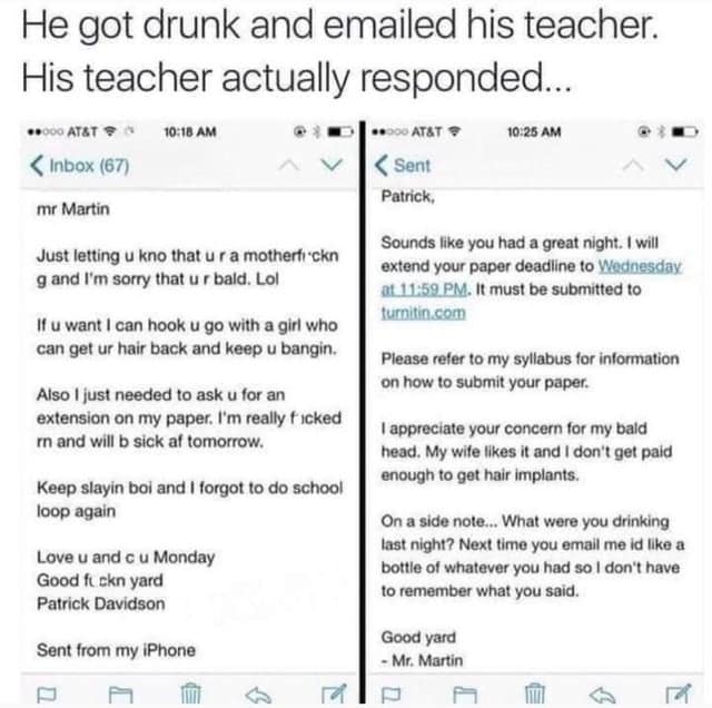 A funny comeback email from a teacher responding to a drunk student's insult about being bald.