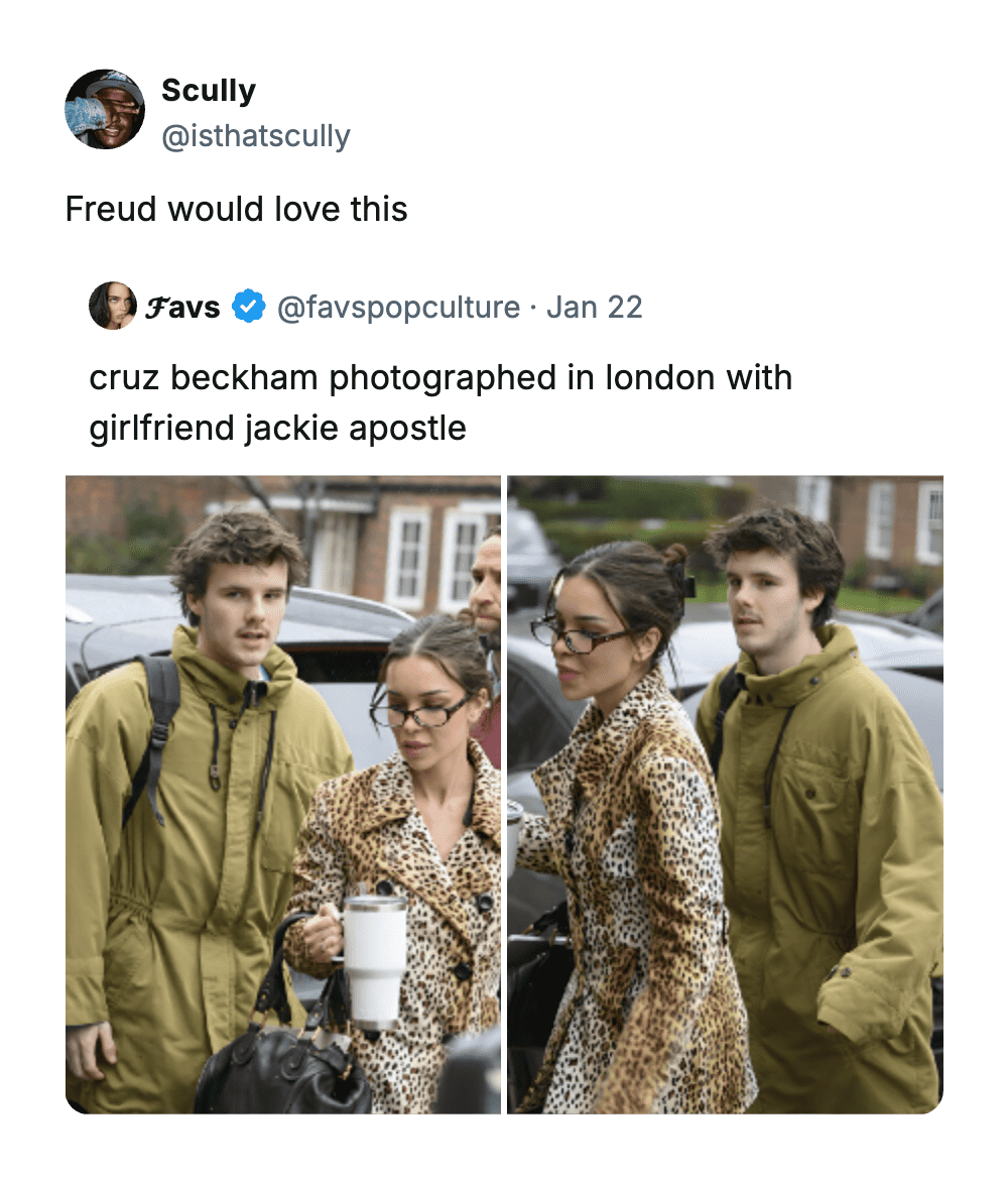 A funny comment stating "Freud would love this" in response to photos of Cruz Beckham and his girlfriend, who looks remarkably like his mother, Victoria.