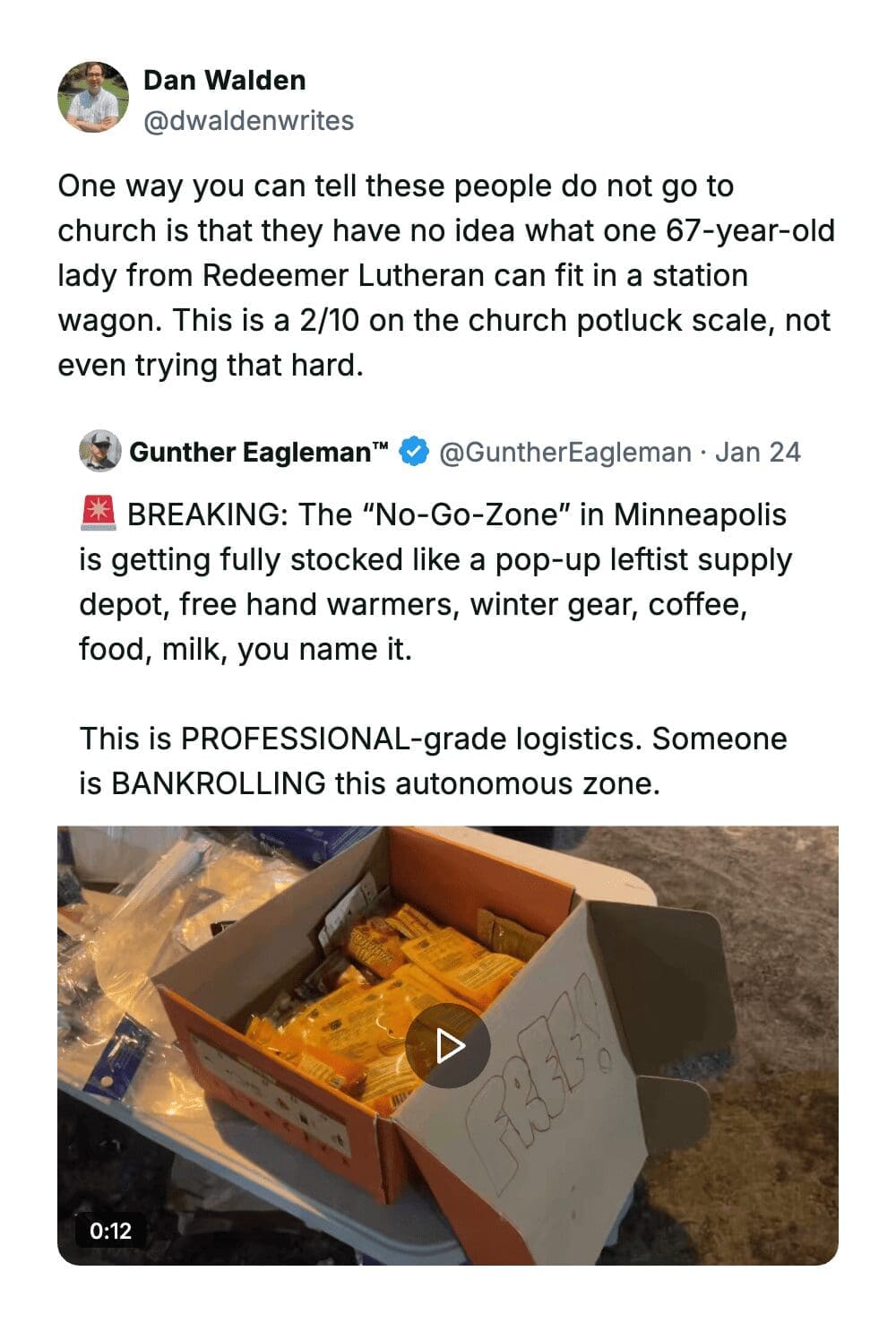 A funny comment analyzing a photo of a "No-Go-Zone" supply depot, claiming a 67-year-old Lutheran lady could organize it better in her station wagon.