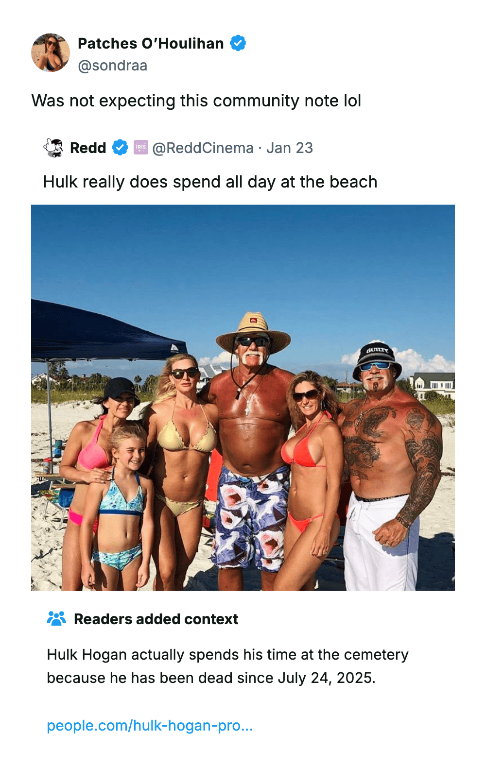 A funny comment reaction to a Community Note on a Hulk Hogan photo that falsely claims the wrestler has been dead since July 2025.