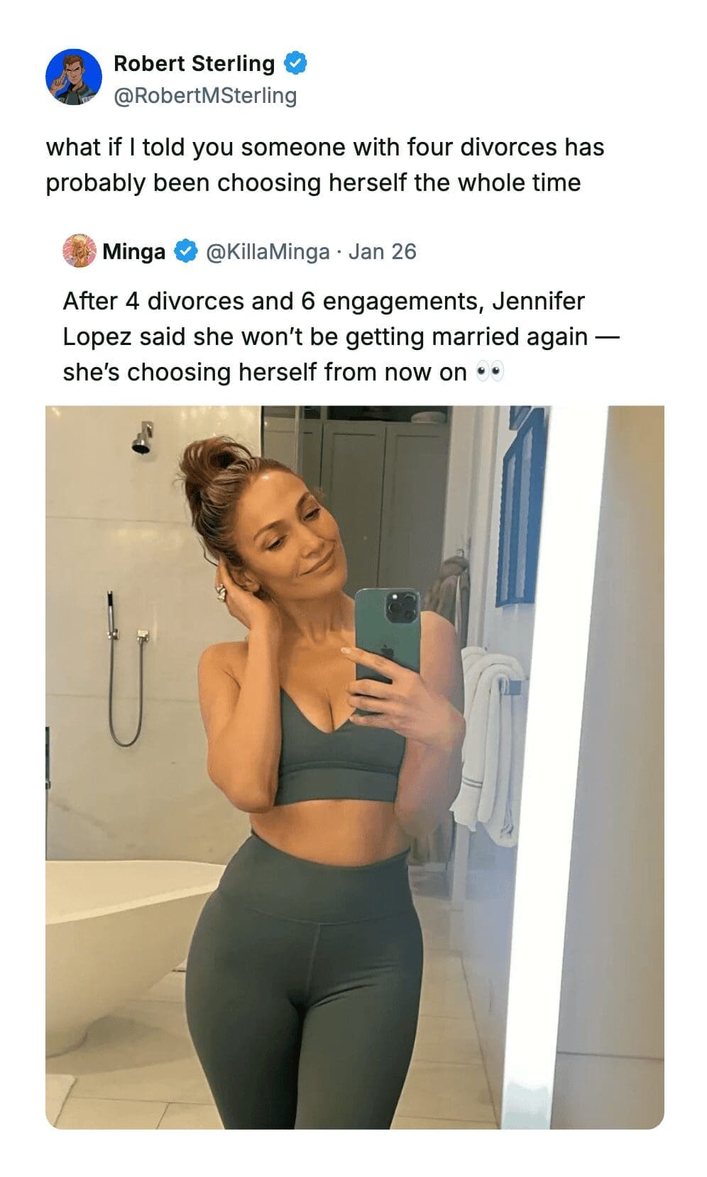 A funny comment by Robert Sterling suggesting that Jennifer Lopez, after four divorces, has actually been "choosing herself" the whole time.