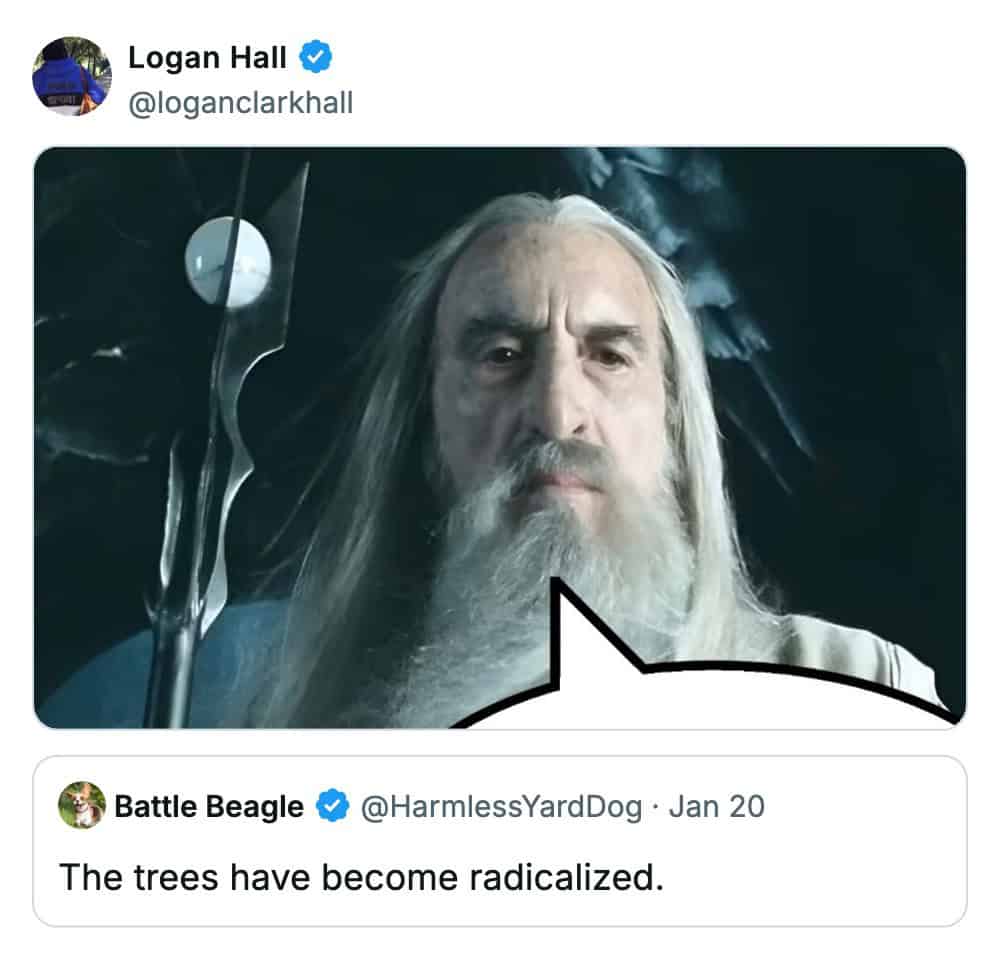 A funny comment by Logan Hall captioning an image of Saruman the White with "The trees have become radicalized."