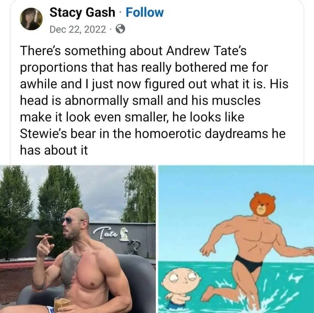 Tweet comparing Andrew Tate’s small head to Stewie Griffin’s muscular dream bear.
