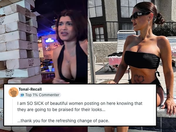 A savage roast pretending to complain about beautiful women posting photos, only to imply the current poster is a "refreshing change of pace."
