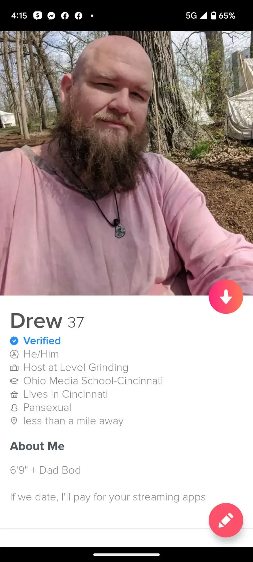 A funny tinder profile for Drew, 37, who is 6'9" and offers to pay for streaming services in exchange for a date.