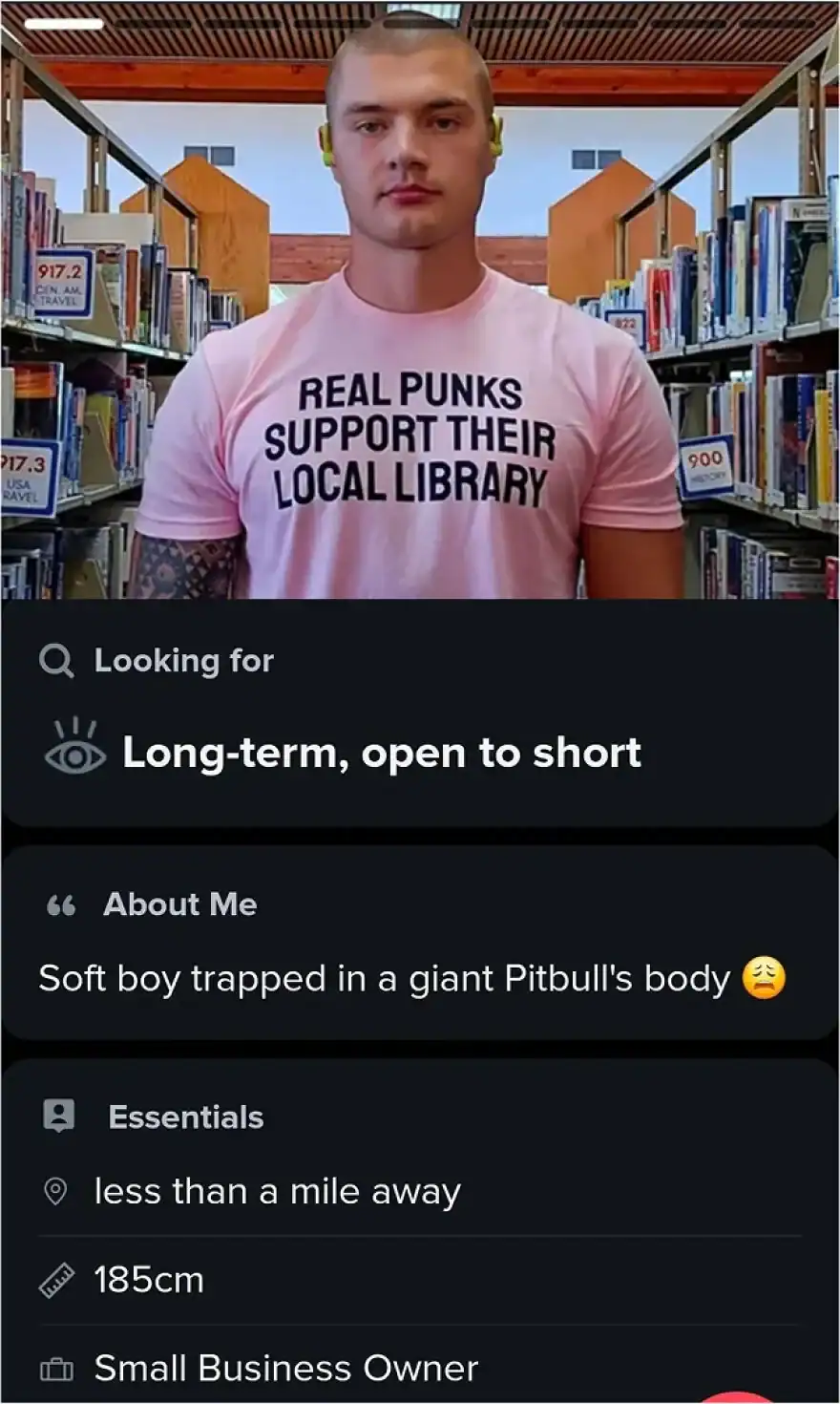 A funny tinder profile featuring a man in a library wearing a pink "Real Punks Support Their Local Library" t-shirt.