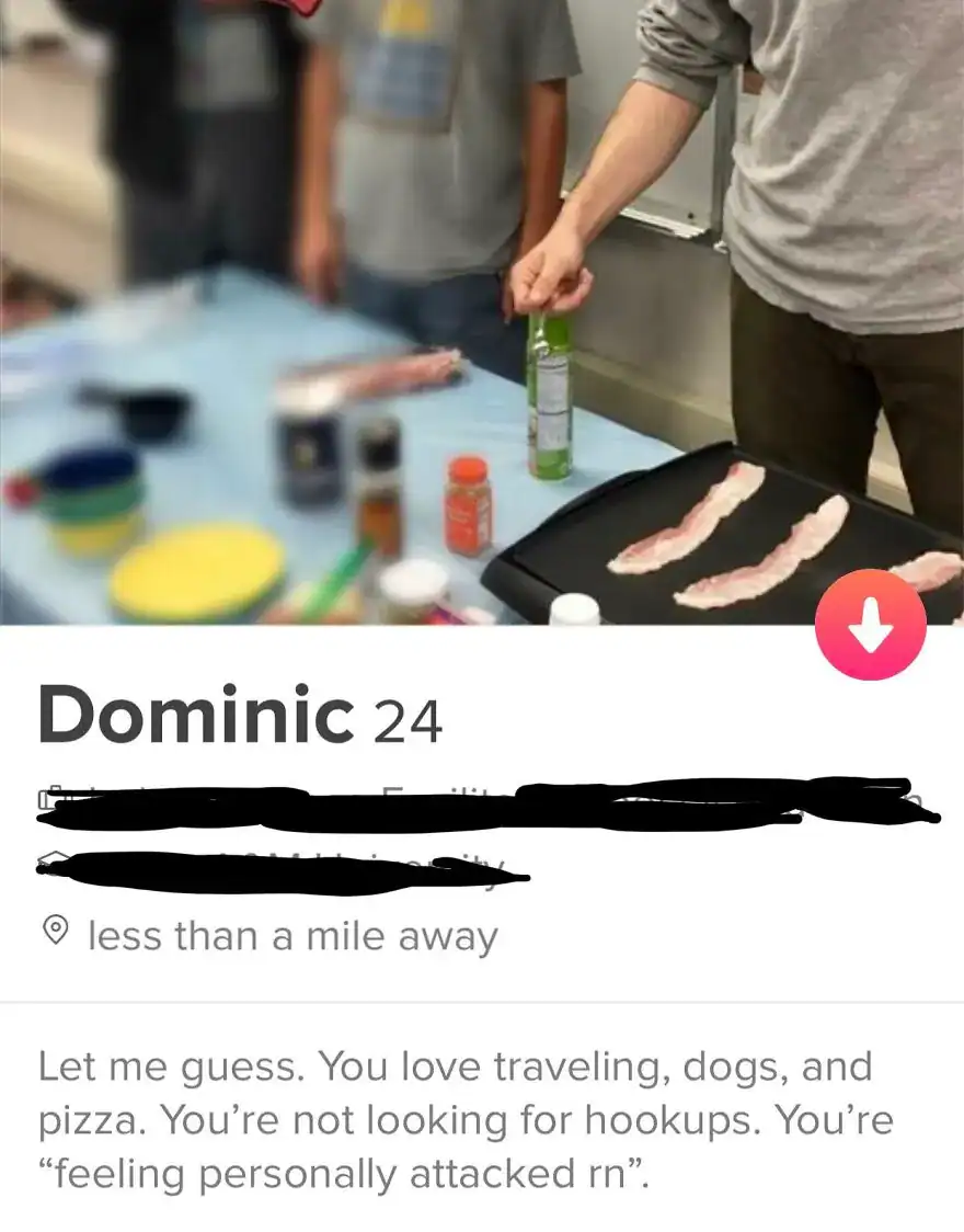 A funny tinder profile for Dominic, 24, whose bio consists entirely of roasting common dating app clichés like dogs and pizza.