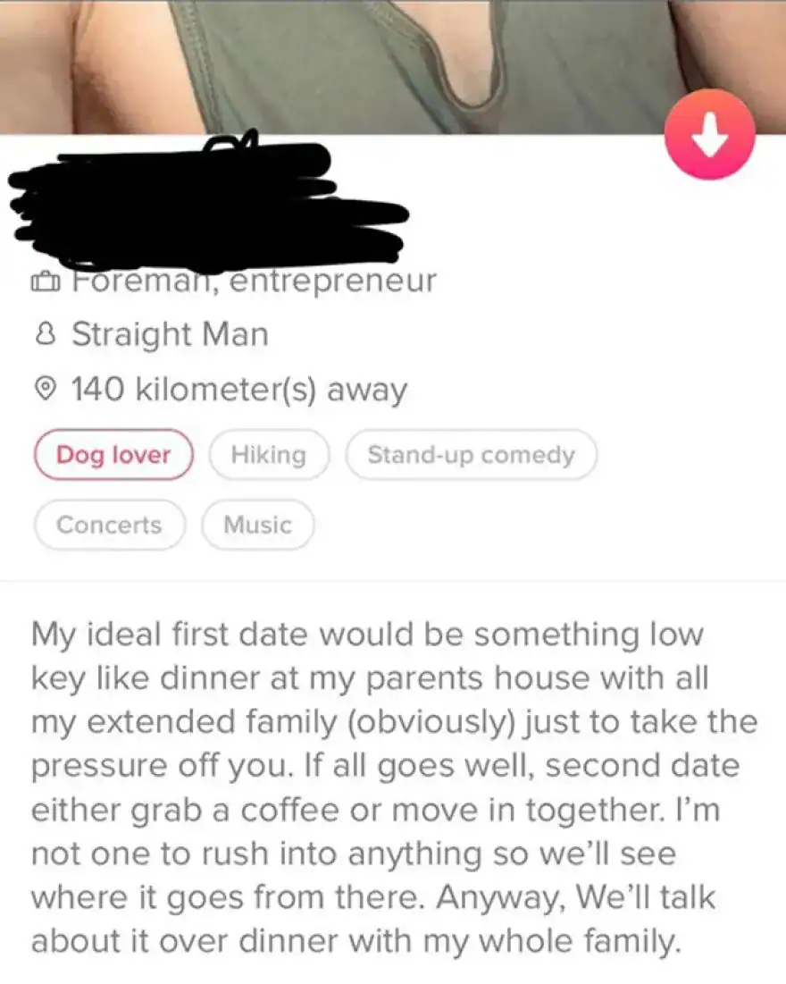 A text-based funny tinder profile bio suggesting a "low key" first date that involves meeting his entire extended family.