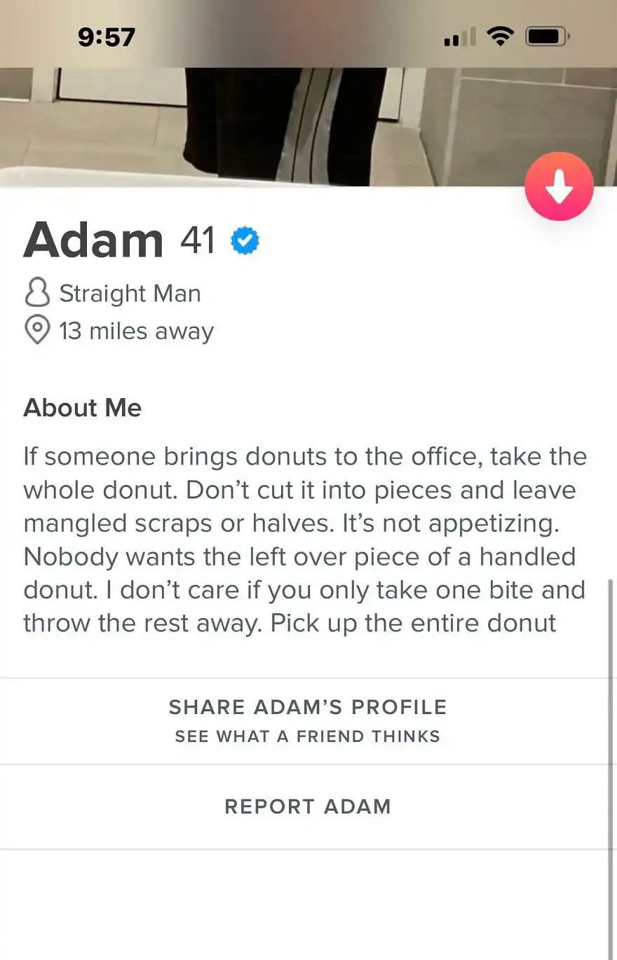 A funny tinder profile for Adam, 41, containing a long, passionate rant about office donut hygiene and etiquette.