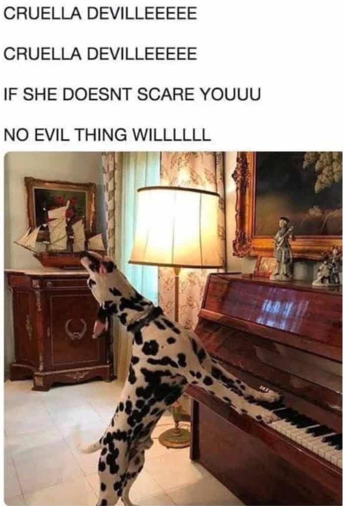 Dalmatian dog standing at a piano howling the lyrics to Cruella De Vil.