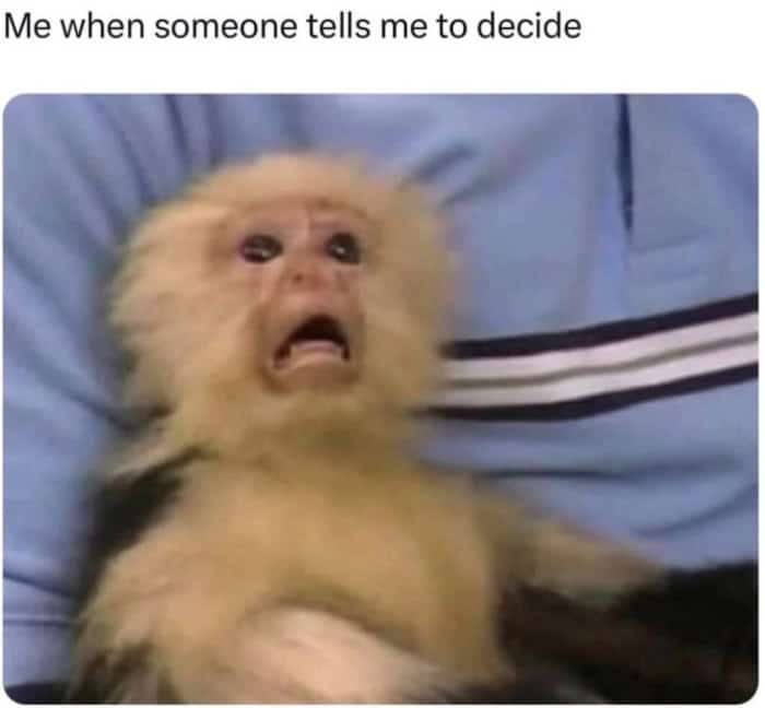 Small monkey looking terrified and stressed about making a decision.