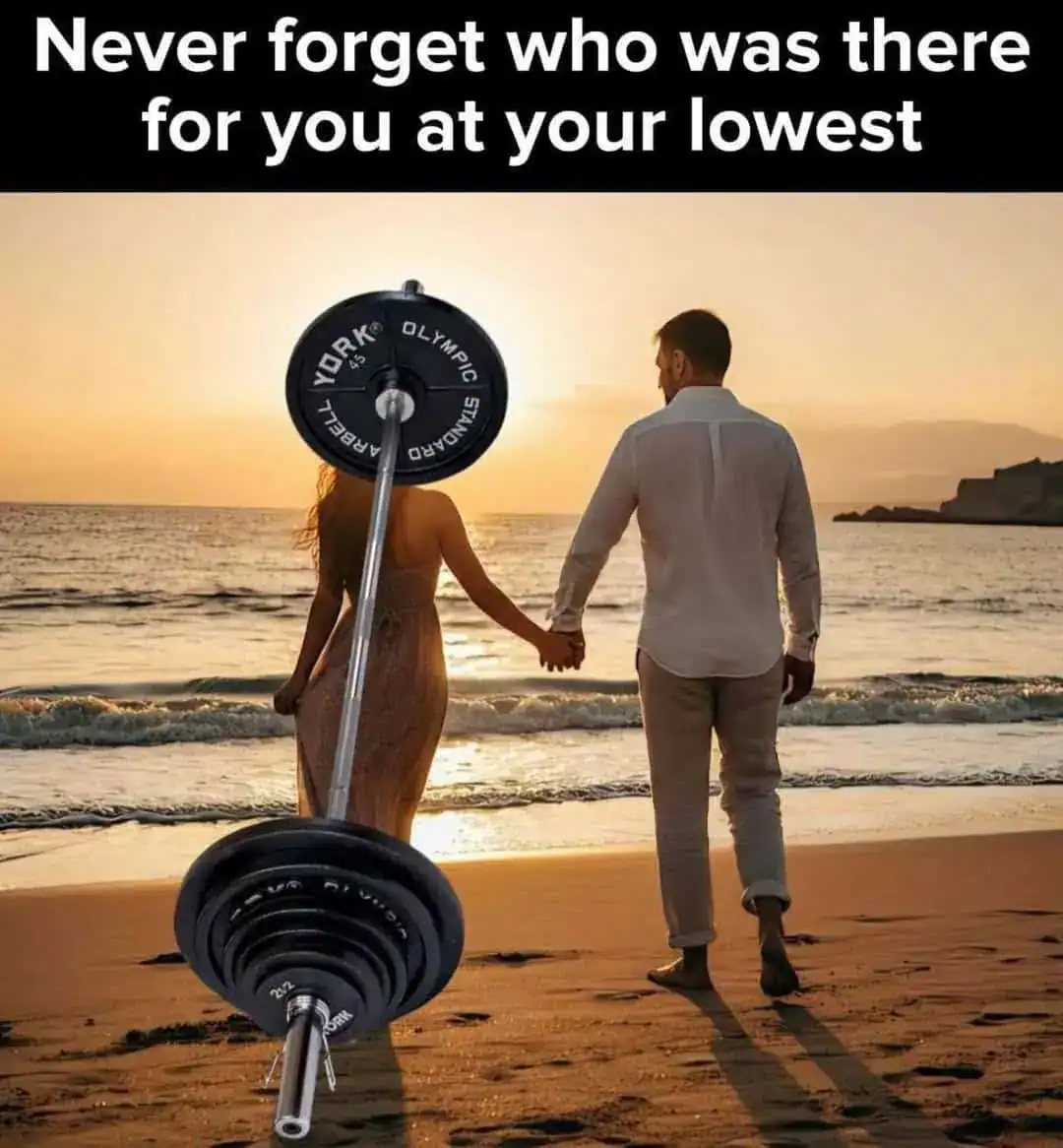 A gym meme showing a woman holding hands with a barbell on a beach instead of a man.