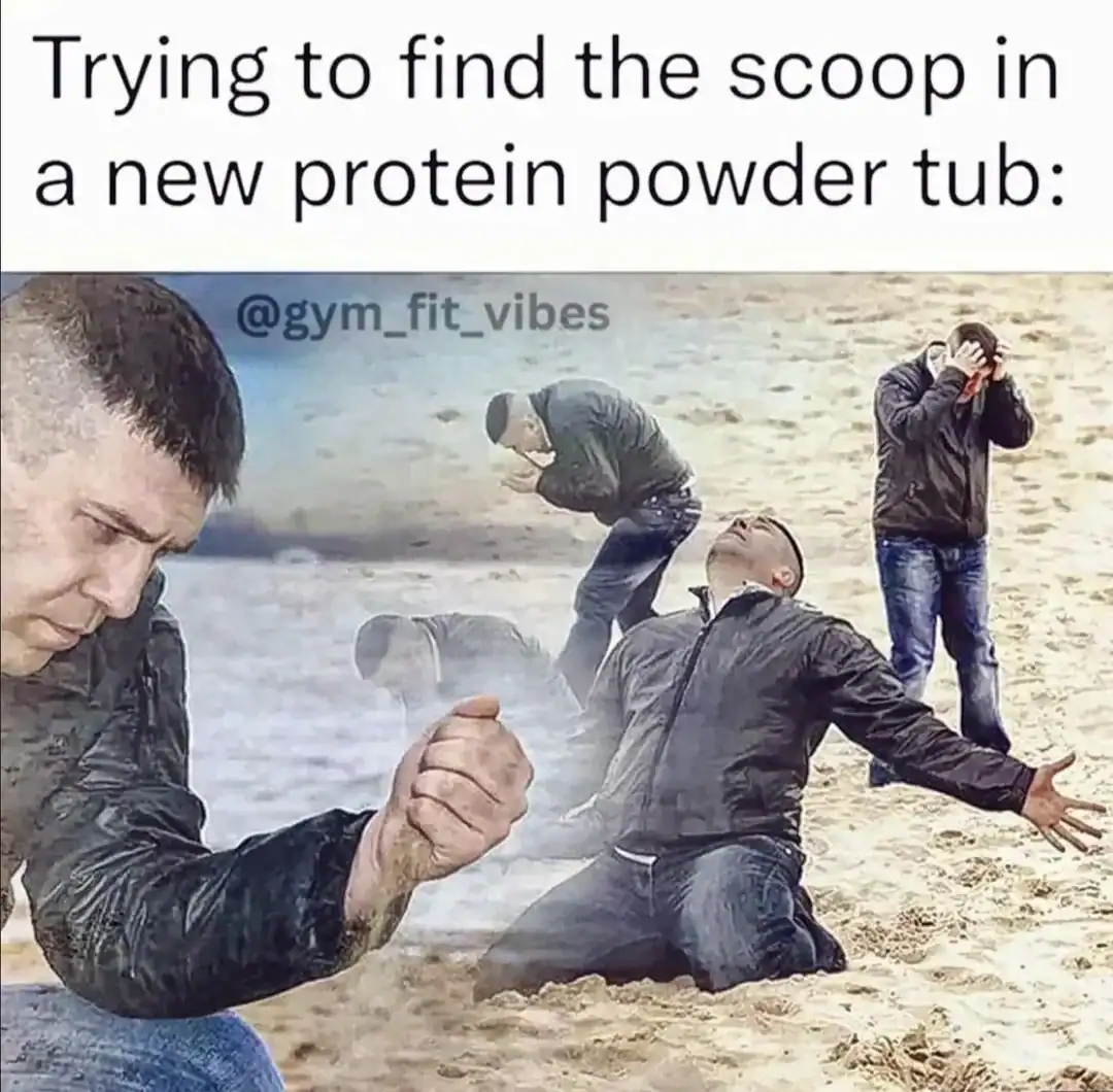 A workout meme showing a man kneeling in sand representing searching for the scoop in protein powder.