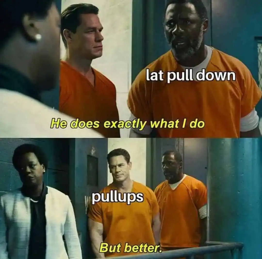 A Suicide Squad meme comparing lat pull downs to pullups claiming pullups are better.