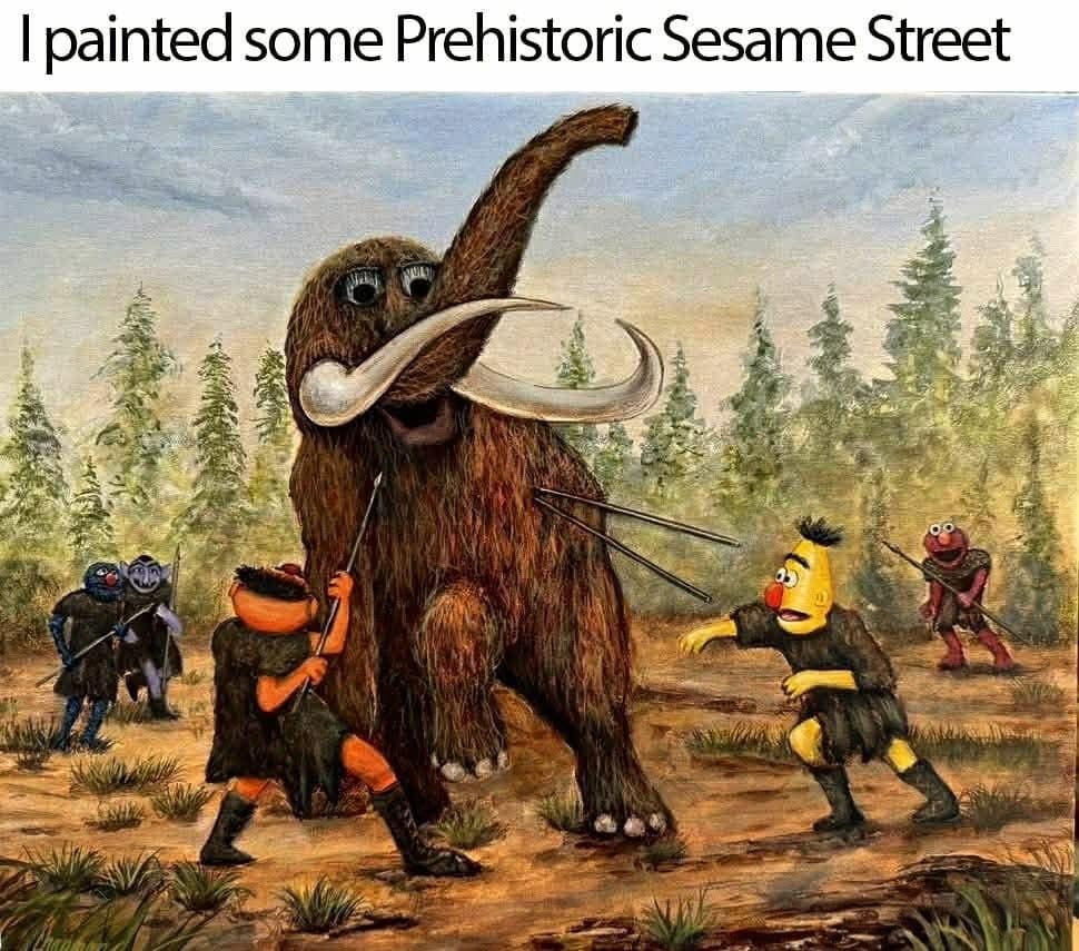 A hilarious meme painting of prehistoric Sesame Street characters hunting a woolly mammoth.