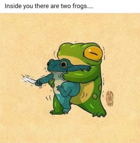 A hilarious meme drawing showing one frog stabbing another frog with text about the two frogs inside you.
