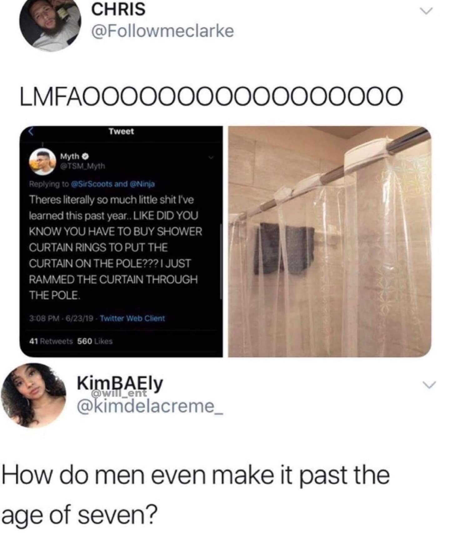 A meme dump tweet comparing buying shower rings to just ramming the curtain through the pole.