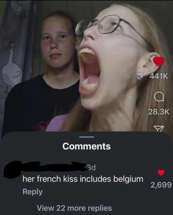 A funny meme roast comment saying a girl's french kiss includes Belgium due to her wide mouth.
