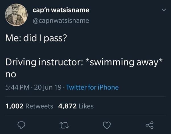 A hilarious meme tweet about a driving instructor swimming away meaning the student failed.
