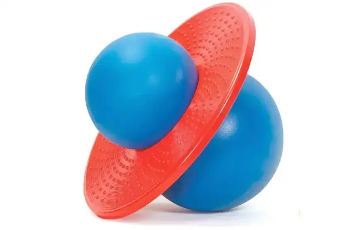 A blue and red Pogo Ball jumping toy sitting on a white background.