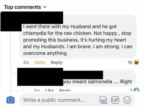 A Facebook comment where a woman mistakenly types "chlamydia" instead of "salmonella" regarding raw chicken, a legendary old people vs technology typo.