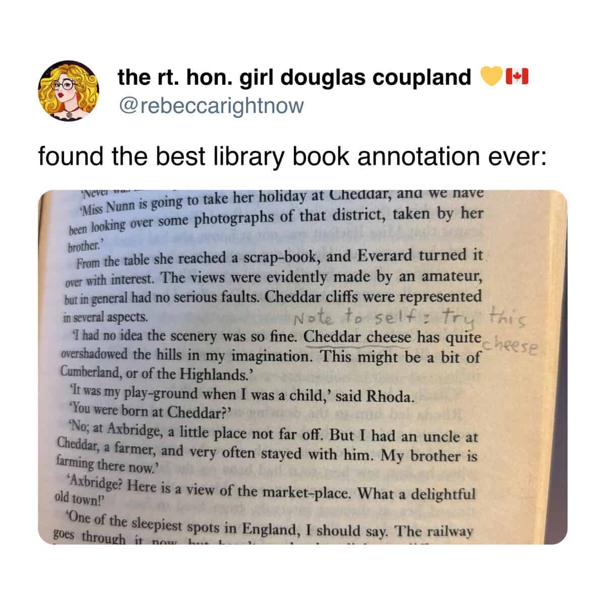 A book meme showing a funny margin note in an old library book about "Cheddar cheese" overshadowing the landscape description.
