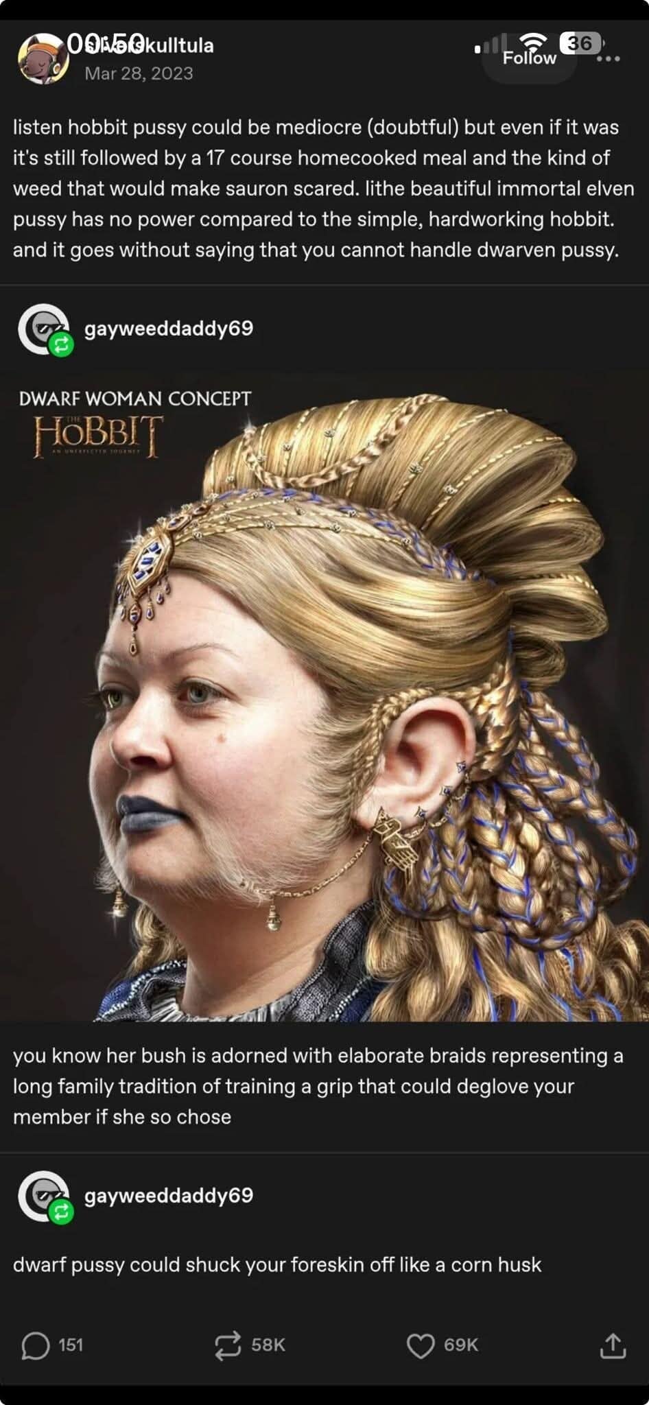 A chaotic classic meme thread analyzing a realistic concept art of a Dwarf woman from The Hobbit, featuring an unhinged, explicit paragraph about fantasy race attributes.