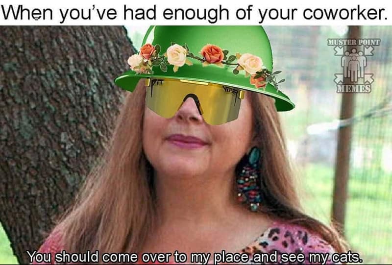 A construction meme where a fed-up worker invites a coworker over to "see my cats," implying a weird or desperate shift in workplace dynamic after "having enough."