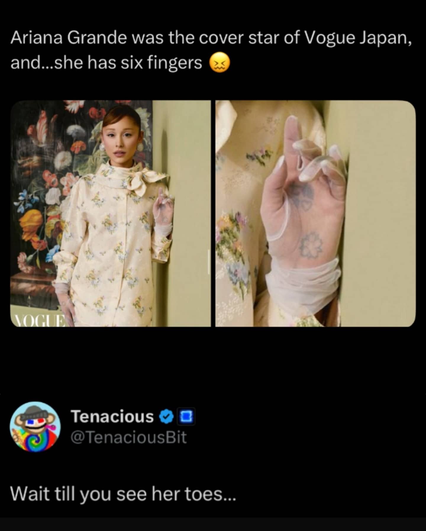 A social media post pointing out a Photoshop fail on Ariana Grande’s Vogue Japan cover.