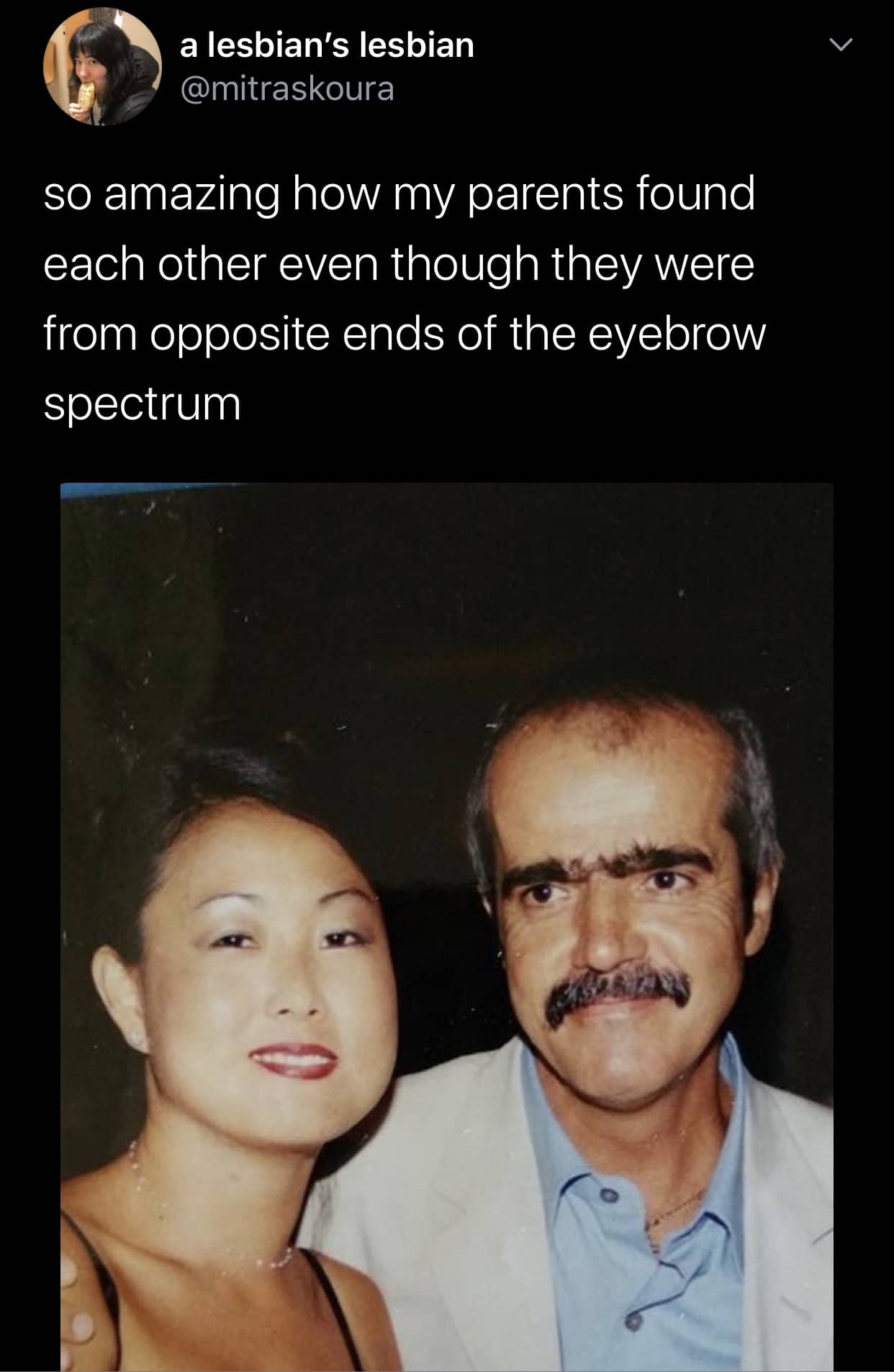 Vintage photo of a couple with drastically different eyebrow thicknesses and a spectrum joke.