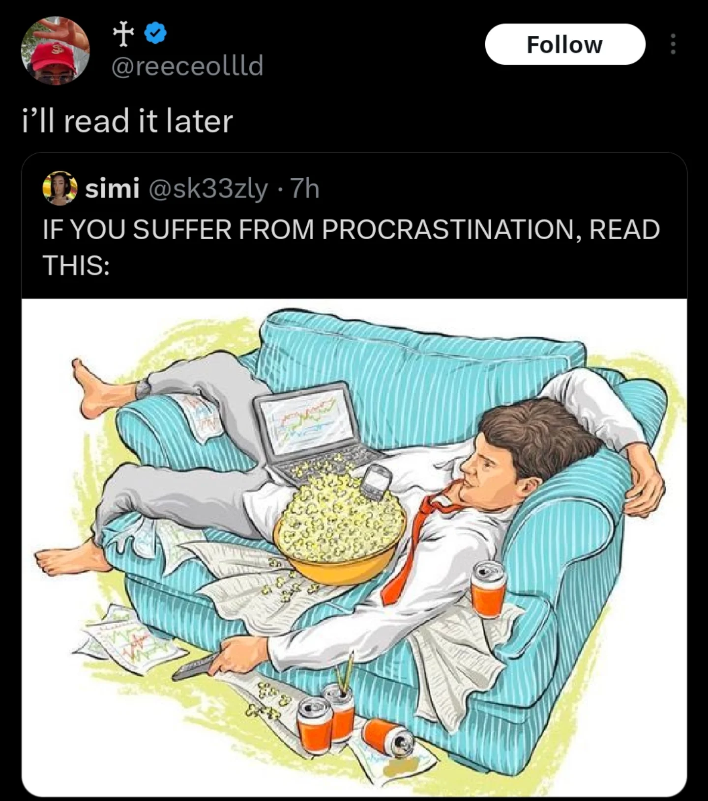 Cartoon of a man procrastinating on a couch with popcorn, beer, and a "read later" caption.
